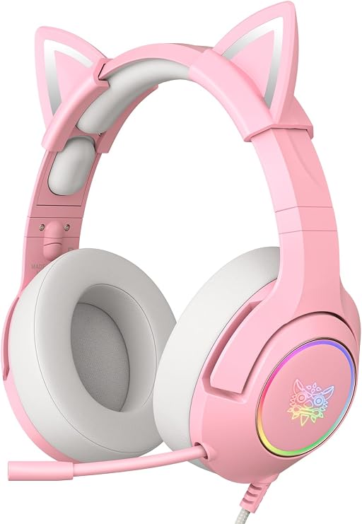 PHNIXGAM Gaming Headset for PS4, PS5, Xbox One Series X/S(No Adapter), PC, Laptop, 3.5mm Cat Ear Headphones with Retractable Microphone, RGB Backlight and Surround Sound (Pink)