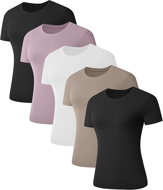 Kinglaman 1/5 Pack Women's Short Sleeve Basic T Shirts Tees Slim Fit Tops