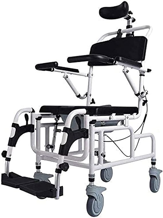 4-In-1 Shower Commode Wheelchairs, Multifunction Tilt-in-Space Chair Shower Mobile Chair, Flip-Up Arm And Foot Rests, Adjustable Height Padded and Headrest, for Handicapped and Elderly