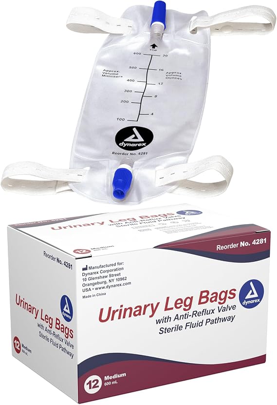 Dynarex Urinary Leg Bag, for Use with Catheter, has a Non-Drip Closure & Anti-Reflux Valve, 600 ml/20 oz Capacity, Medium, White, 1 Box of 12 Leg Bags | Vinyl Construction, Latex-Free, Twist Drain Valve, Low-Profile Design, Daytime Use, 20 oz Capacity, White