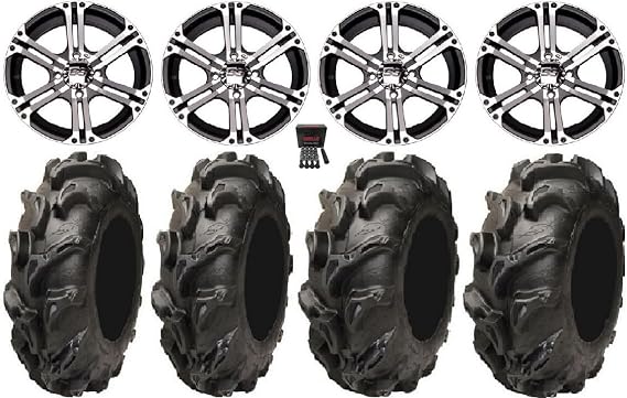 Bundle - 9 Items: ITP SS212 14 Wheels Machined 27 Mega Mayhem Tires [4x137 Bolt Pattern 10mmx1.25 Lug Kit]