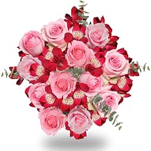 Fresh Flower Bouquet- Roses and Alstroemeria with Greens- Flower Delivery - Pink and Red