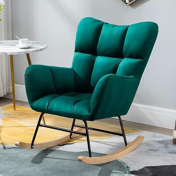 Modern Relax Rocking Chair Comfortable Teddy Fabric Glider Chair Upholstered Rocker Relaxing Recliner for Nursery,Patchwork Accent Chair with Wood Legs High Back Rocking Chairs (Gr