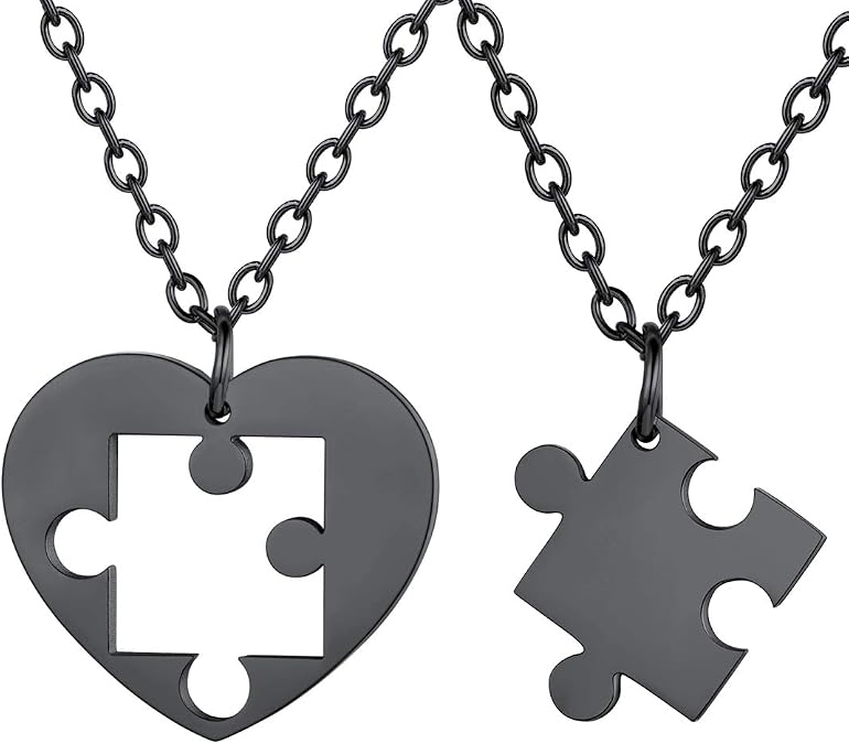 U7 Couple Necklaces for Women Men,Stainless Steel/Black/18K Gold Plated Puzzle Piece Pendant BFF Necklaces Gift