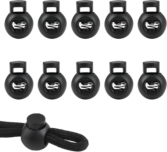 10Pcs Cord Locks Spring Toggles Stoppers, Ball Shape Plastic Toggles for Drawstrings, Black Single Hole Spring Cord Locks Rope Stop Lock-22x17x8mm (LxWxHole Diameter)