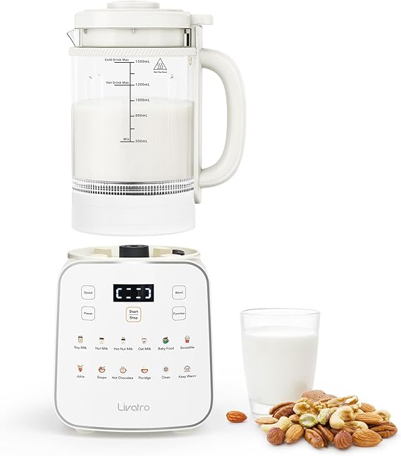 Livatro Nussmilchbereiter 12‑in‑11.5 Lautomatischer Sojamilchmakerabnehmbares DesignMandel-/Hafermilch & Saft24 h Timer WarmhaltenSelbstreinigungSicherheitsverriegelung(Beige1)