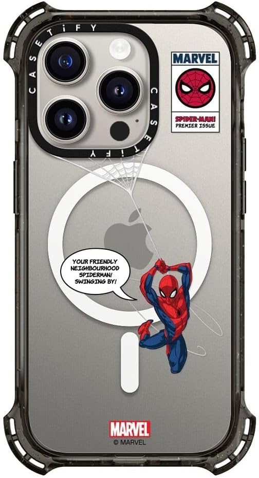 CASETiFY for iPhone 15 Pro Case - Bounce Compatible with MagSafe | Spider Man CoLab | Shockproof | 21.3 ft. 6x Military Grade Drop Protection | Spider-Man Swinging Case | Black