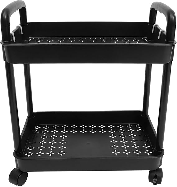 2-Tier Black Rolling Storage Cart with 4 Hanging Hooks - Slim Mobile Utility Cart Organizer, Compact Multi-Functional Narrow Rolling Shelf Rack on Wheels for Kitchen, Bathroom, Laundry Room, Office