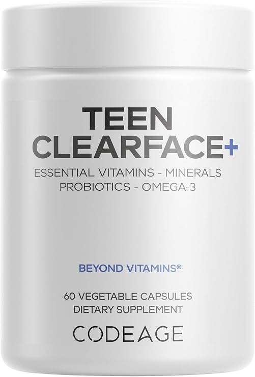 Codeage Teen Clearface, Pantothenic Acid, Zinc, Probiotics, 60 Capsules | Pantothenic acid, niacinamide, vitamins A, C, D3, E, zinc, probiotics, L-lysine, omega-3. Teen skin formula.