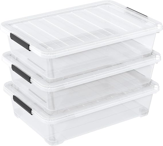 40 Quart Clear Stackable Underbed Boxes with Wheels Shallow Underbed Boxes Set of 3