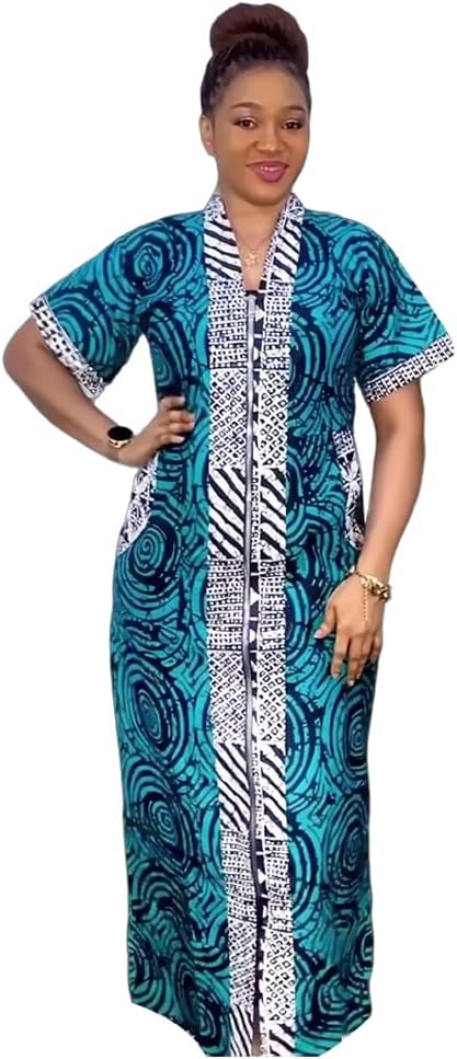 HD African Blue Print Boubou Dress for Woman Front Slit Zip Kaftan Casual Gown Short Sleeves L