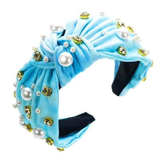 Women's Headband Velvet tie-dye Candy Color Knoted Headband Non-slippery Fashion Women's Diamond-encrusted Pearl Wide Top Knot Headband Headband (Light blue)