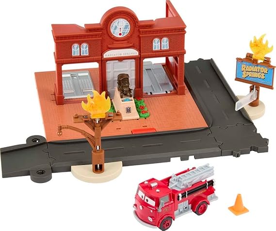 Mattel Disney and Pixar Cars On The Road Toys, Reds Fire Station Playset with Die-cast Fire Truck & Kid-Activated Action