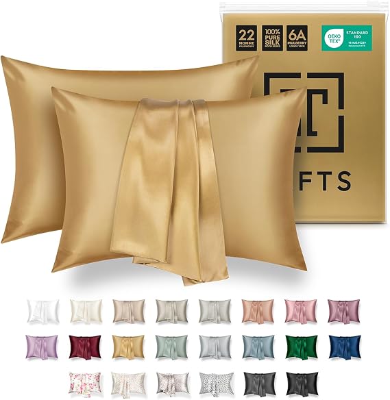 Tafts Silk Pillow Cases - 22mm 100% Pure Mulberry 6A Silk Pillowcase for Hair & Skin with Zipper Closure, Cooling, Natural, Organic, Double Sided Silk Pillow Case (Gold, Queen 20x30 2pc)