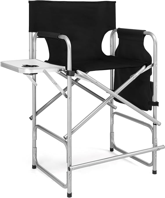 26" Tall Directors Chair With Side Table, 300Lbs, Black