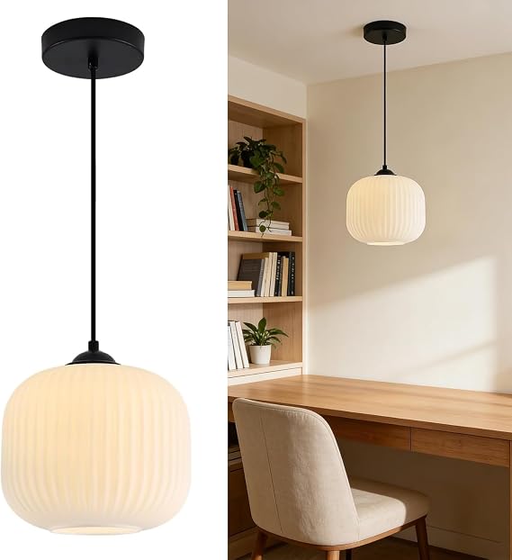 Black Pendant Light, Ribbed Glass Globe Kitchen Island Lighting