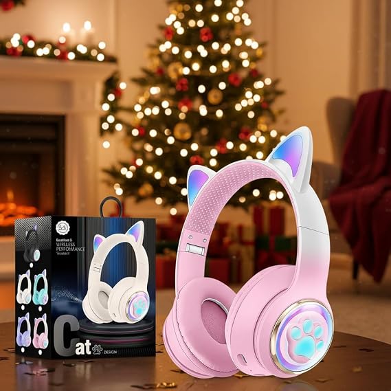 Cat Ear Kids Headphones, Bluetooth 5.0, Safe Volume, LED, Pink