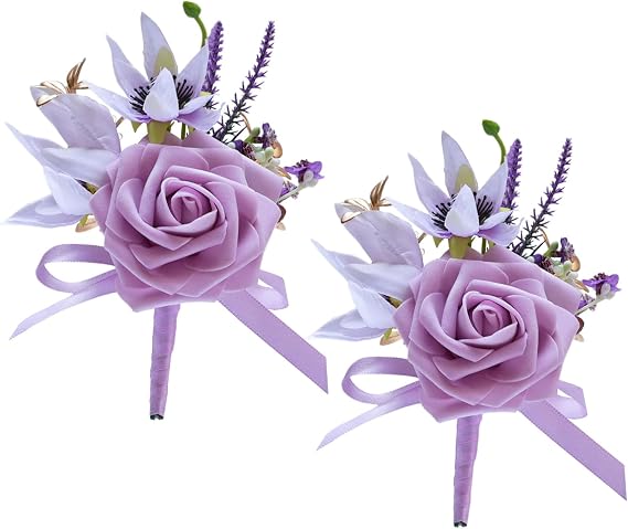 CherishedMoments 2Pcs Purple Boutonniere for Men,with Pins,Groom Prom
