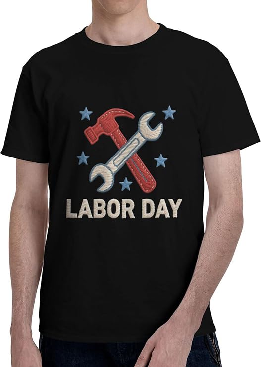 Afwerirc Labor Day Shirt, Men's T-Shirts, Cotton Graphic Tees for Men, Stylish Mens Summer Shirts, Wrench and Hammer Designs, Black, Size S
