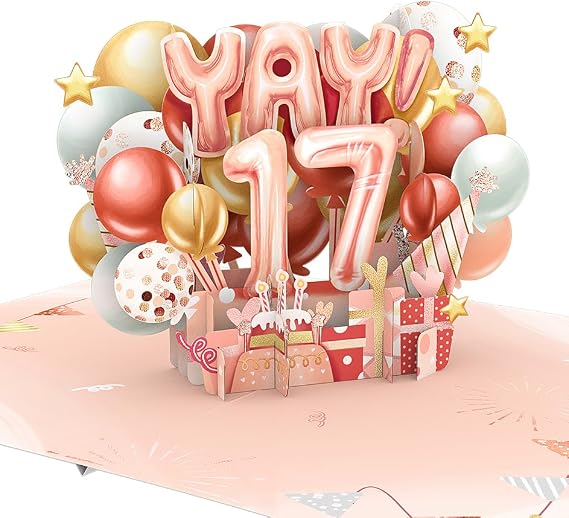 Liif Happy 17th Birthday Card For Girl, Daughter, Granddaughter, Niece, 17 Years Old Birthday Card- Pink, Balloons, Party | With Message Note & Envelop | Size 7 x 5 Inch