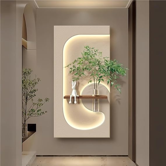 3D Vision Wall Art Decor with Led Light, Creative Sandstone Painting with Vase and Artificial Plant, Plug-in Power Supply 3D Wall Mural for Home, Restaurant, Hotel (No ornaments)(White,Medium)