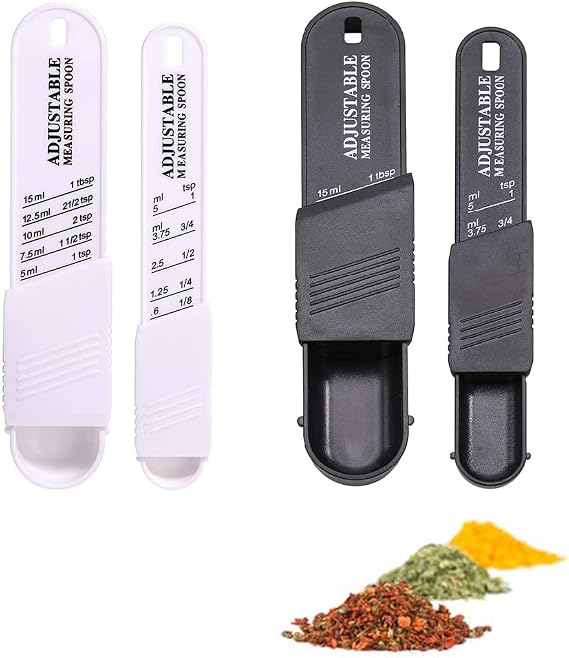 Adjustable Plastic Measuring Spoons Set (Dosing Spoons for Baking, Cooking, Powder- 2 White+2 Black) for Measuring Dry/Liquid Ingredients