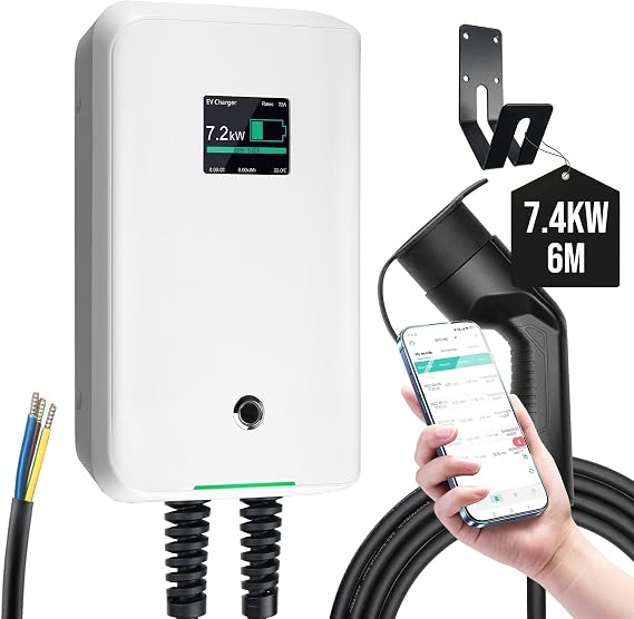 Morec 7.4KW Smart EV Charger Type 2 Tethered with 6M Cable, Wallmount Home Wallbox 6A-32A Electric Vehicle Charger, APP Control | IP66 Waterproof | Single Phase | White