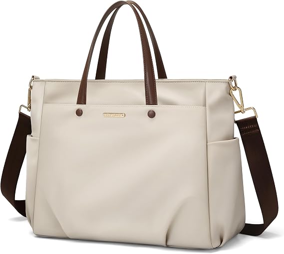 14 Inch Laptop Tote Bag for Women, Lightweight Nylon Work Shoulder Bag, Water-Resistant Computer Handbag with Pockets for Business Travel & Commute (Apricot)