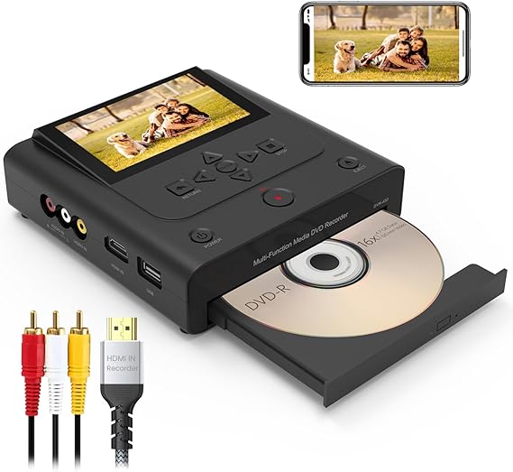 VHS to DVD Recorder, VCR to DVD Recorder-Convert Photos and Videos Between VHS,VCR,Memory Card,DVD and USB. Phone can use a Free app to Burn Videos and Photos, Also has TV Recording Function