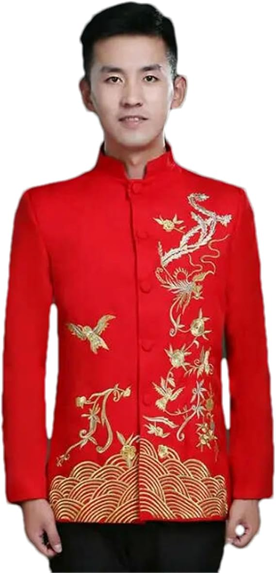 Traditional Chinese tunic suit Jacket Groom Tang Vintage Clothing Wedding Men Red Coat Embroidery Zhongshan Blazer