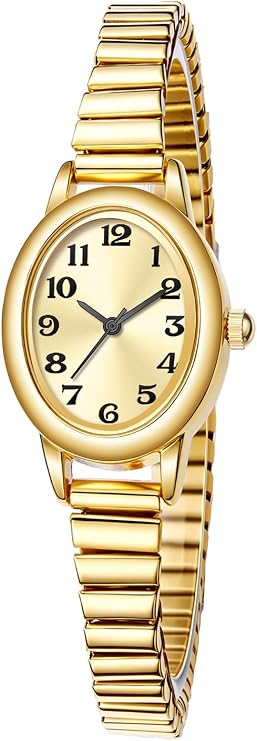 Women's Small Gold Tone Watch Arabic Numerals 2 Sizes S/L 3ATM Waterproof Stretch Band Gift Box, gold, Fashion
