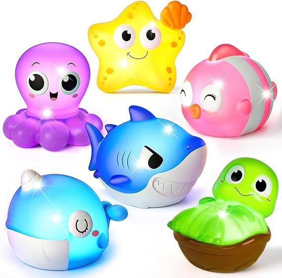 Light Up Bath Toys, Toddler Pool Toys for 1 2 3 Year Old Girl Boy, Water Activated Bath Toys for Kids Ages 1-3, Glowing Baby Bath Toys for Boy & Girl Gifts, 6 Pack