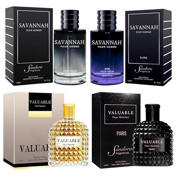 Sandora Fragrances Mens 4-Pack Cologne for Men SavaNnah, Elixir, Valuable & Valuable Paris Bergamot Amber & Mineral Leather Blend Long-Lasting, Bold, Sophisticated Eau de Parfum 43.4fl oz