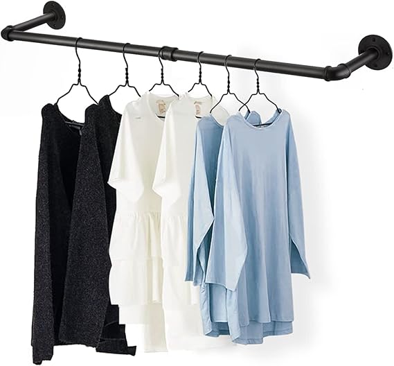 36 Wall Mounted Clothes Rack, Industrial Pipe Black Iron Garment Bar, Heavy-Duty Detachable Clothing Rod, Multi-Purpose Metal Wall display Hanging Pole for Closet Storage, Laundry Room 2 Base