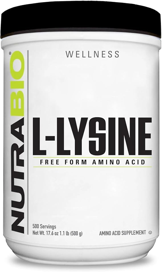 NutraBio L-Lysine Powder 500g Essential Amino Acid for Protein Metabolism, Collagen Support, Immune Health Pure, Unflavored, Non-GMO, Vegan- 500 Servings