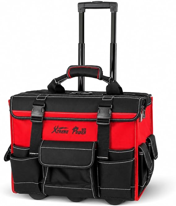 XtremepowerUS Rolling Tool Bag Wheels, 18-Inch Heavy Duty Tool Bag Organizer, Retractable Telescoping Handle, Durable Multi-Pocket Tool Tote Construction, Electrical, Plumbing, HVAC & Mechanic Tools