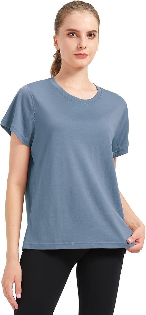 SHEEP RUN Womens Relaxed Fit Lightweight Merino Wool T Shirt Breathable Loose Fit Base Layer