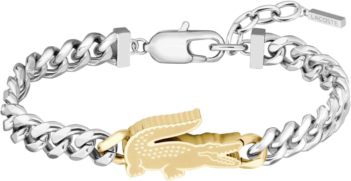 Lacoste Arthor Bracelet Unisex Polished Curb Chain with Crocodile Detail Modern Everyday Jewelry