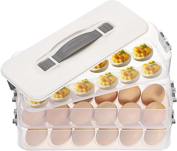 BSTKEY Deviled Egg Containers with Lid, 3 Layer Deviled Egg Platter Carrier Trays for 36 Eggs, Fridge Stackable Portable Egg Holder with Handle for Home Kitchen Party Easter Picnic