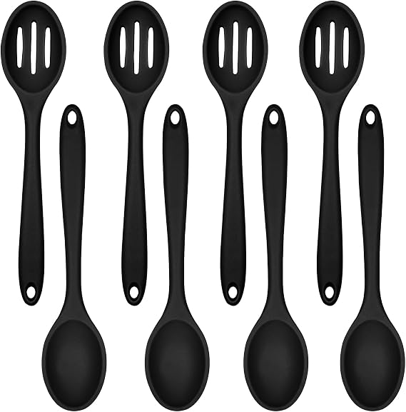 ELANE 8 Pcs Silicone Cooking Spoons Set,Mixing Spoons for Cooking Spoons for Nonstick Cookware Silicone Serving Spoons,Mixing Spoons for Cooking(Black)