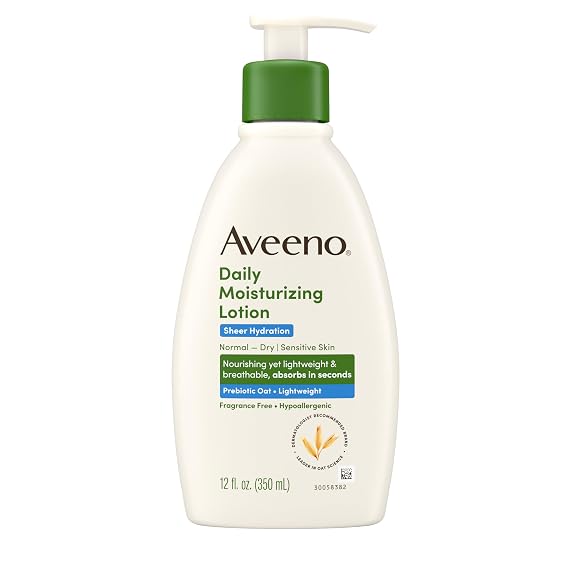 Aveeno Sheer Hydration Fragrance-Free Daily Moisturizing Lotion with Prebiotic Oat for Dry Skin, Lightweight, Fast-Absorbing Body Moisturizer Nourishes Skin with 48-hour Moisture, 12 fl. oz