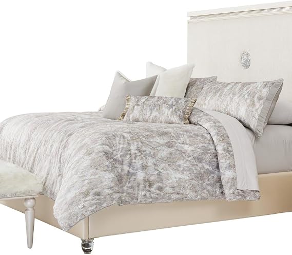 Michael Amini Odessa Gray Comforter Set 6-Piece Queen with 100% Polyester Velvet Face, Cotton-Polyester Back, Soft Texture, Wrinkle-Reducing, Durable Bedding for Cozy Sleep