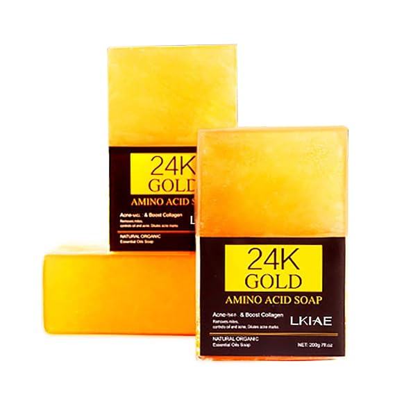 LKIAE 24K Gold Amino Acid Whitening Soap, Reduce Dark Spots, Acne, Deep Clean Skin With Shea Butter, Olive Oil, For Face, Body, 200g (Pack of 3)