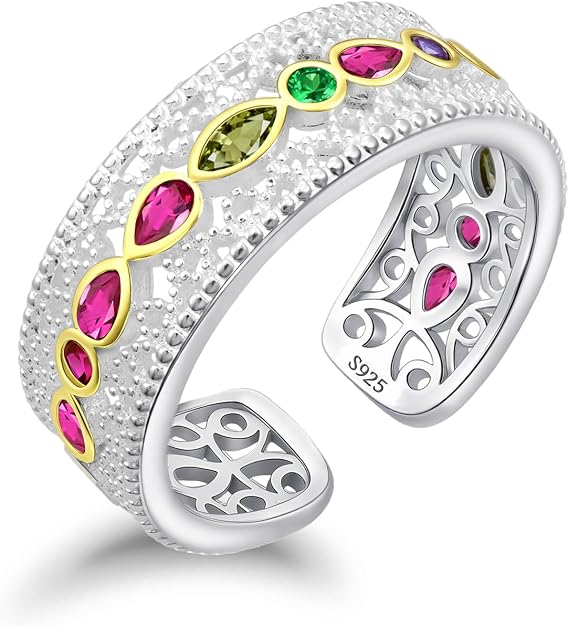 Weviway Sterling Silver Vintage Filigree Open Ring for Women, Boho Princess Wide Wedding Cocktail Band Thumb Ring, Adjustable Statement Birthstone Jewellery Gift 