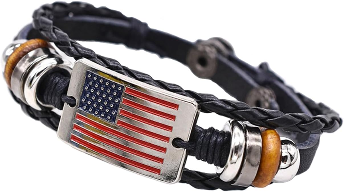 USemporium Unisex Black Leather Braided Bracelet with Wooden and Metal Beads, Sterling Silver American Flag Charm - Patriotic Jewelry for Men and Women,Military,Police Adjustable Wristband, 0.35