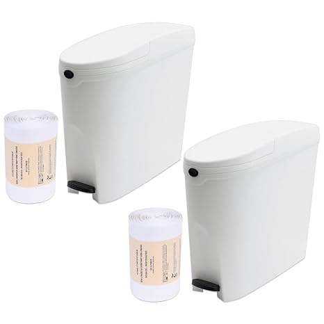 Sanitary Bin 20L & 100 Bin Liners - Slimline Washrooms Toilets Hygienic Disposal Pedal Container Bins for Female Ladies and Baby Hygiene Products - 20 litres White (2 Pack)