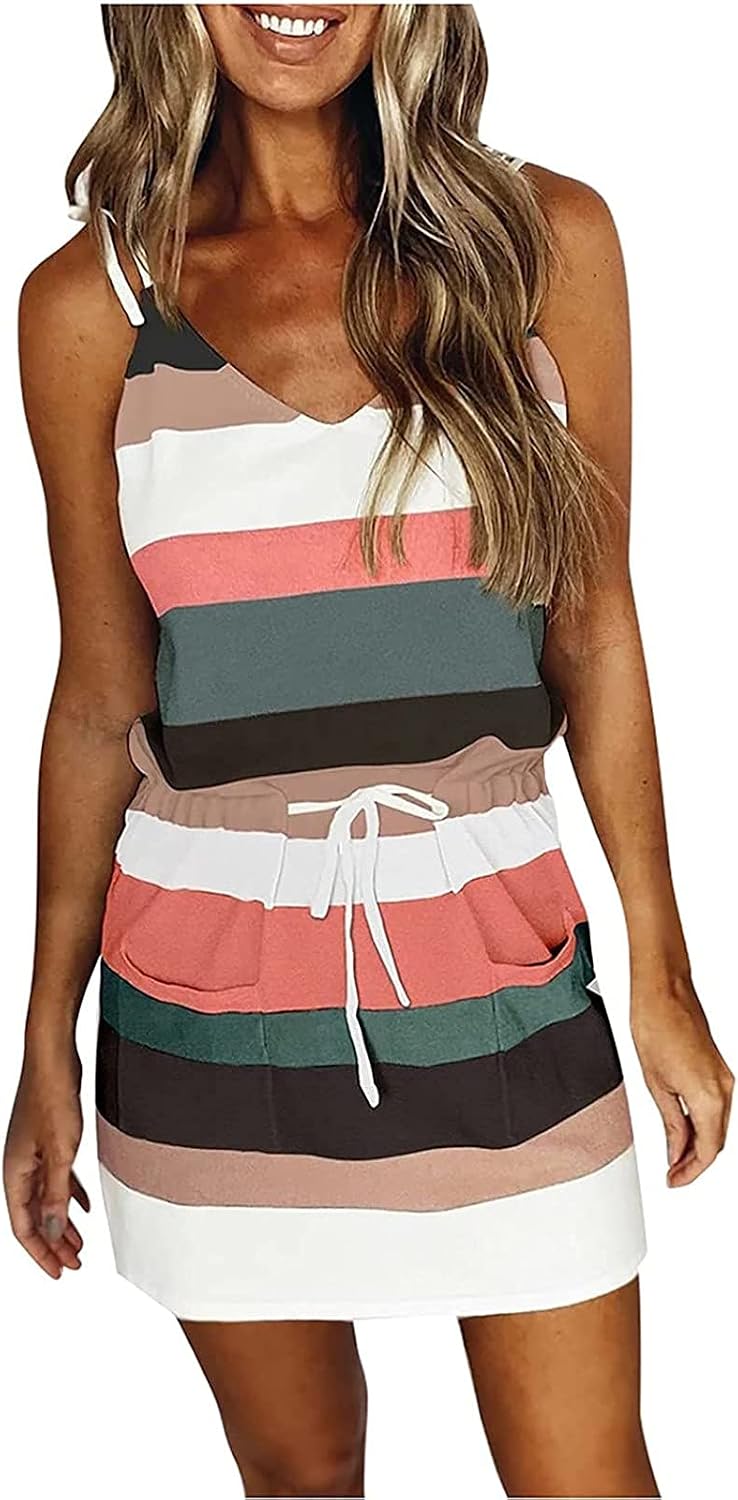 HUANKD Women's Beach Coverup Fashion Summer Loose Casual Halter Striped Printed Vest Pocket Dress, S-3XL