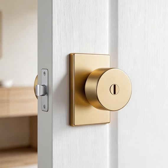 Gold Door Knob with Lock, Keyless Turn Lock Doorknob