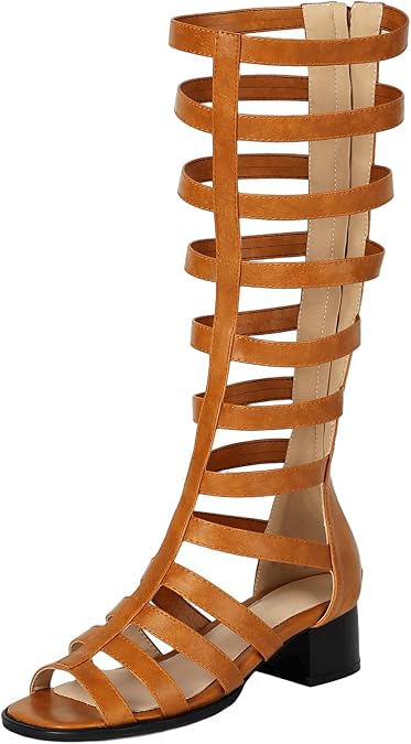 DINTAHA Cage Gladiator Sandals for Women Knee High Summer Boots Strappy Chunky Heel Sandals