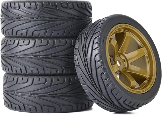 4PCS RC Car Rubber Tires and Plastic Wheels Rims Compatible with 1/10 Scale On Road Touring Racing Flat Drift Car for HSP HPI Tamiya(Gold)